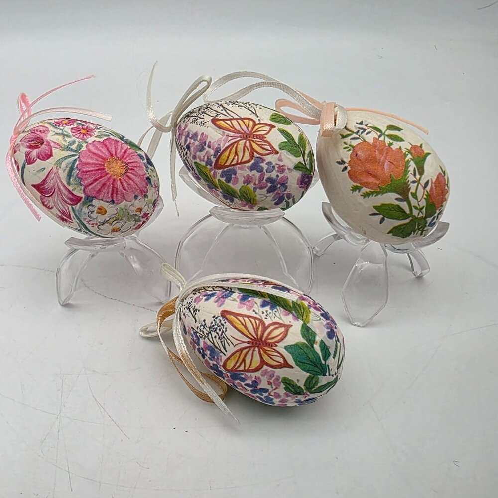 Handcrafted Floral Decoupage Easter Eggs With Ribbon Hangers - Set Of 4